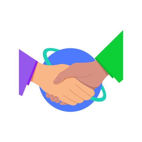 A stylized illustration of two hands shaking with abstract geometric shapes in blue and green in the background, representing a partnership between employers and Valar. The handshake is surrounded by circular elements suggesting global connectivity.