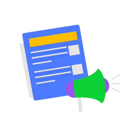A stylized illustration of a document or form in blue with text lines, accompanied by a green megaphone icon, representing press and communication materials. The simple, clean design suggests clear communication and information dissemination.