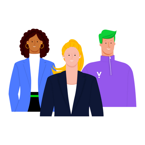 Three diverse illustrated figures standing together representing admitted students. From left to right: a Black woman in business attire, a blonde person in professional wear, and a person with green hair wearing a Valar-branded hoodie, conveying a welcoming and inclusive student community.