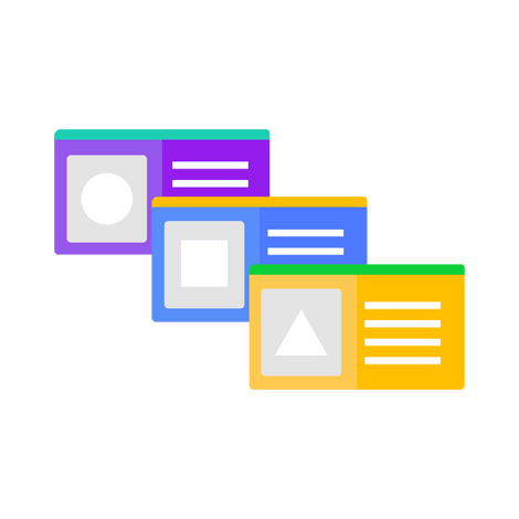 A series of three overlapping cards or slides in blue and yellow gradients, each containing placeholder icons and text lines, representing customizable training materials and presentation decks. The cards are arranged in a cascading layout suggesting organized course content.