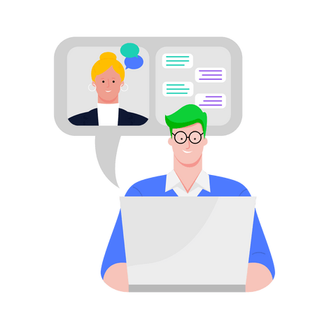 Two illustrated figures representing admissions staff in a virtual meeting setup. One figure with blonde hair appears in a video call window at the top, while another figure with glasses is shown working on a laptop below, suggesting an online consultation environment.